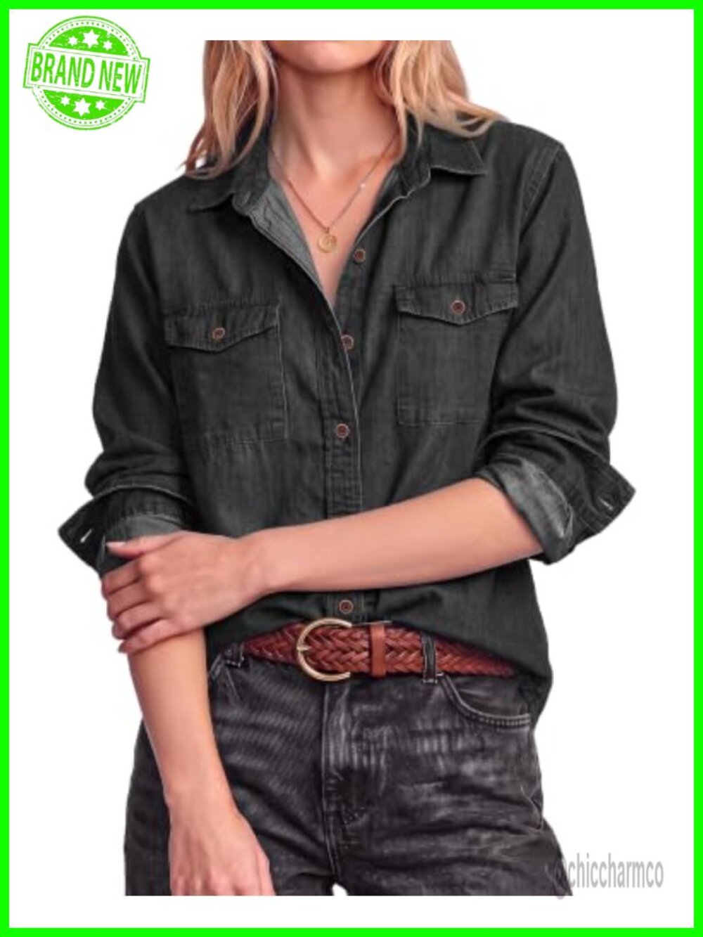 Vetinee Women's Button Down Denim Shirt Collared Long Sleeve Pocket Tunic Top